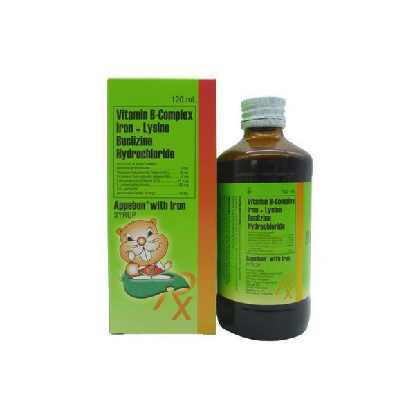 APPEBON WITH IRON Multivitamins (Vit. B1, B6, & B12) / Buclizine Hydrochloride / Ferrous Sulfate / Lysine Hydrochloride (10mg / 5mg / 10mcg) / 5mg / 50mg / 125mg Syrup 120mL, Drug Packaging: Syrup 120ml