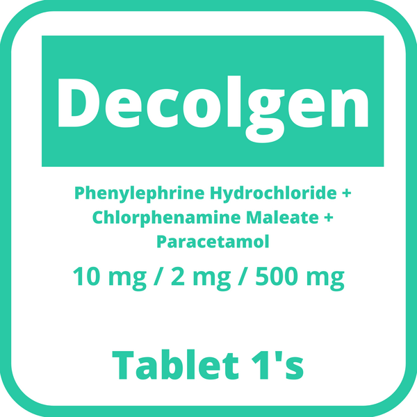 DECOLGEN Phenylephrine Hydrochloride / Chlorphenamine Maleate / Paracetamol 10mg / 2mg / 500mg Tablet 1's, Dosage Strength: 10 mg + 2 mg + 500 mg, Drug Packaging: Tablet 1's