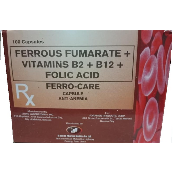 FERRO-CARE Ferrous Fumarate / Vit. B2 / Vit. B12 / Folic Acid 500 mg / 2mg / 3mcg / 230mcg Capsule 1's