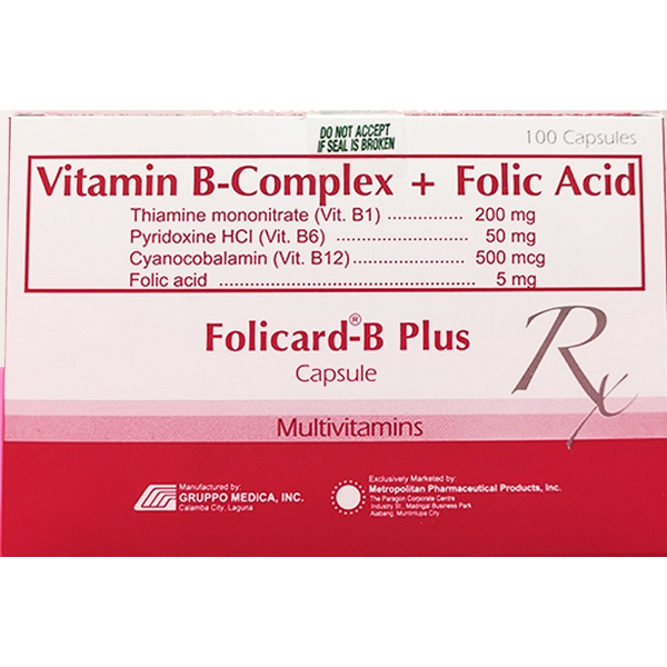 FOLICARD BPLUS Vitamin B Complex / Folic Acid 200mg / 50mg / 500mcg / 5mg Capsule 1's price in