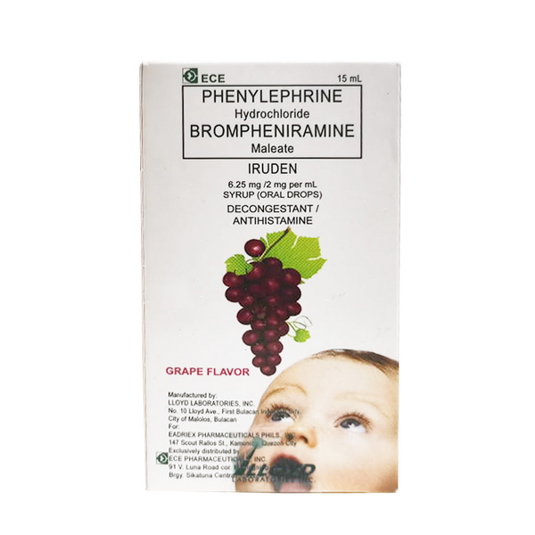 IRUDEN Phenylephrine Hydrochloride / Brompheniramine Maleate 6.25mg / 2mg per mL Syrup (Oral Drops) 15mL Grape