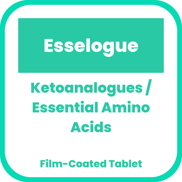 ESSELOGUE Ketoanalogues / Essential Amino Acids Film-Coated Tablet 1's, Dosage Strength: 101 mg / 86 mg / 68 mg / 67 mg / 59 mg / 105 mg / 53 mg / 38 mg / 30 mg / 23 mg, Drug Packaging: Film-Coated Tablet 100's