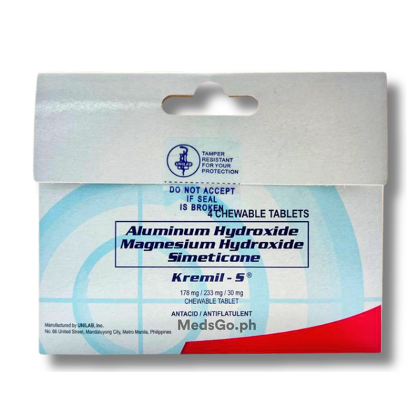 KREMIL-S Aluminum Hydroxide / Magnesium Hydroxide / Simethicone 178mg / 233mg / 30mg Chewable Tablet 4's, Dosage Strength: 178 mg / 233 mg / 30 mg, Drug Packaging: Chewable Tablet 4's