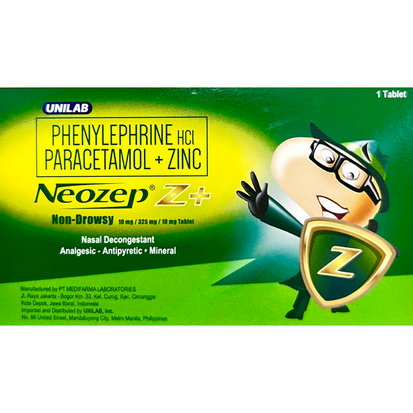 NEOZEP Z+ NON DROWSY Phenylephrine Hydrochloride / Paracetamol / Zinc 10mg / 325mg / 10mg Tablet 1's